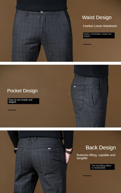 Male Suit Trousers Gray Plaid Check Straight Cheap Clothing Premium Men's Summer Pants Thin Casual Classic Slacks Dress Up