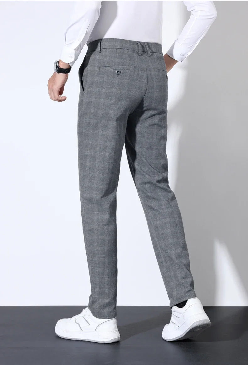 Autumn Winter Men's Plaid Striped Suit Pants Cotton Stretch Straight Business Casual High Quality Classic Fashion Trousers Male