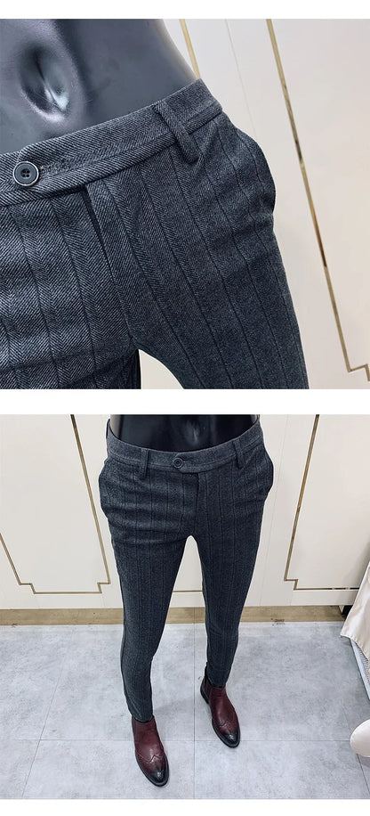 Autumn Winter Thickened Woolen Suit Pant High Quality Men Business Slim Striped Trousers Formal Wear Office Social Dress Pants