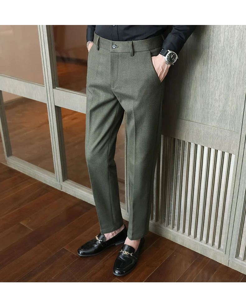 Autumn Winter New Woolen Suit Pants High Quality Striped Slim Fit Dress Pants Men's Formal Business Office Social Trousers