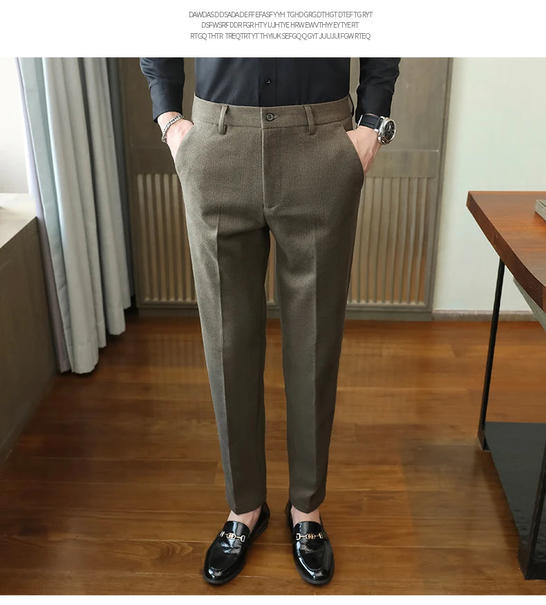 Autumn Winter New Woolen Suit Pants High Quality Striped Slim Fit Dress Pants Men's Formal Business Office Social Trousers