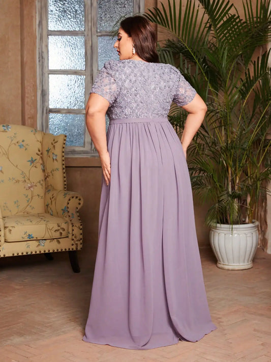 V-neck romantic three-dimensional floral short-sleeved chiffon long dress with patchwork