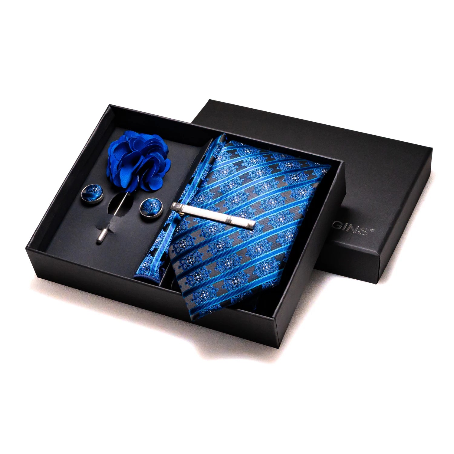 Navy blue Silk Necktie Paisley Floral Mens Tie Pocket Square Cufflinks Set Quality Business Wedding Birthday Gift Box Gravatas - BOC-WEAR