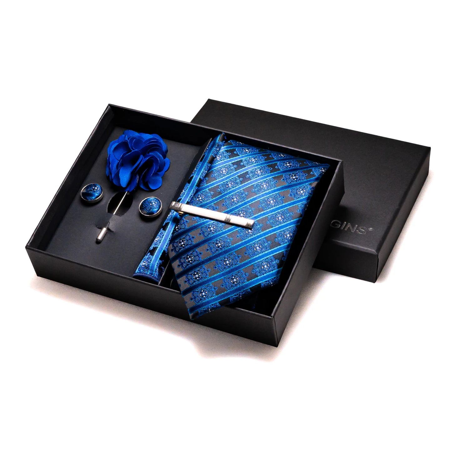 Navy blue Silk Necktie Paisley Floral Mens Tie Pocket Square Cufflinks Set Quality Business Wedding Birthday Gift Box Gravatas - BOC-WEAR