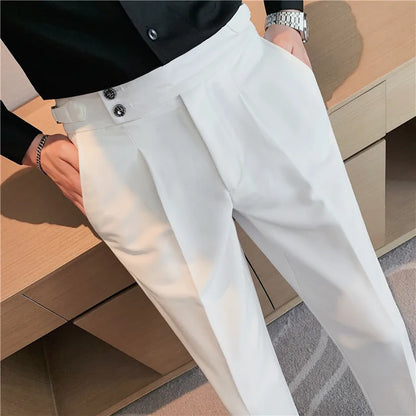 2025 Spring Autumn Men High Waist Belt Design Casual Slim Formal Dress Pant Men Social Office Wedding Party Dress Suit Pants