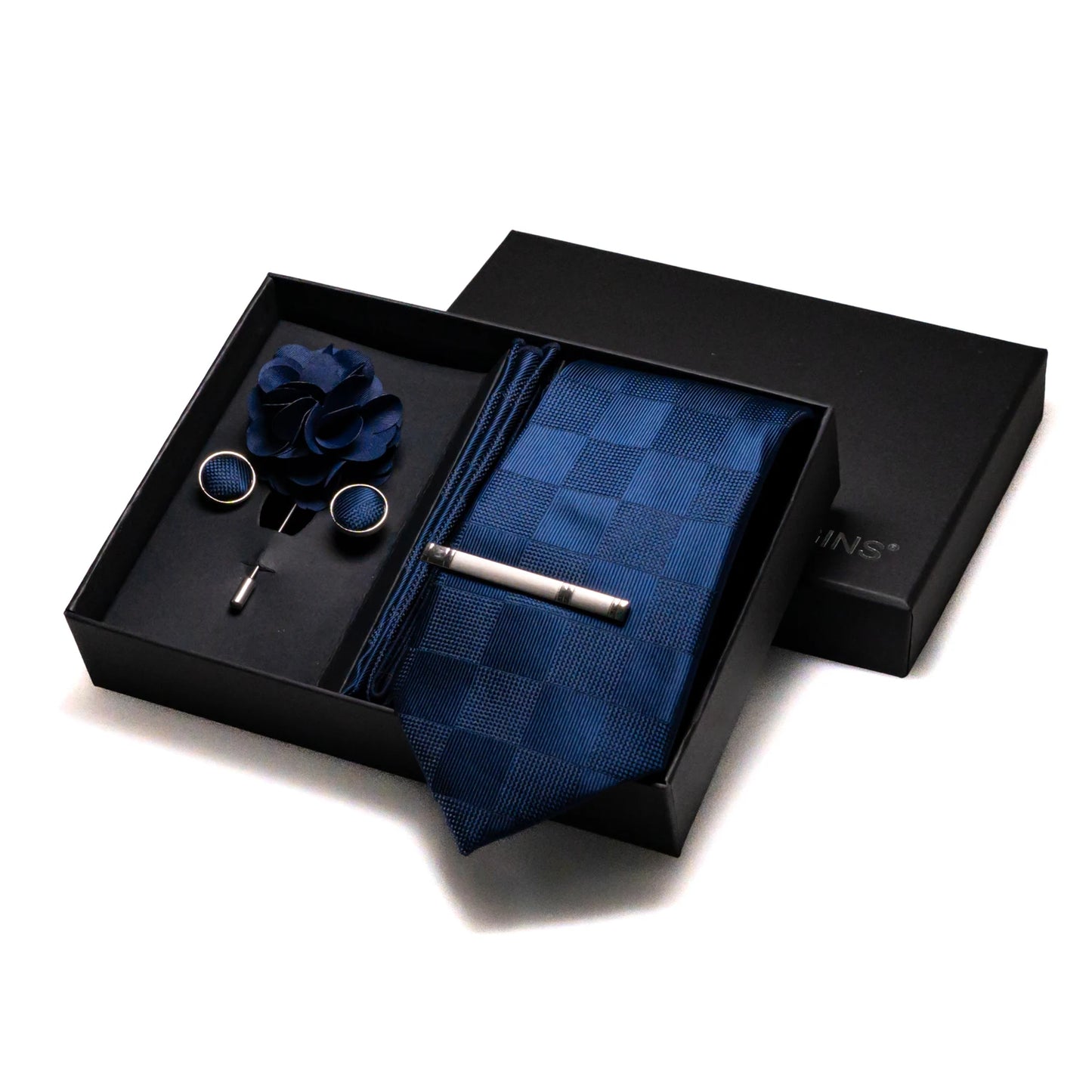 Navy blue Silk Necktie Paisley Floral Mens Tie Pocket Square Cufflinks Set Quality Business Wedding Birthday Gift Box Gravatas - BOC-WEAR