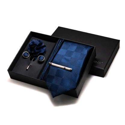Navy blue Silk Necktie Paisley Floral Mens Tie Pocket Square Cufflinks Set Quality Business Wedding Birthday Gift Box Gravatas - BOC-WEAR
