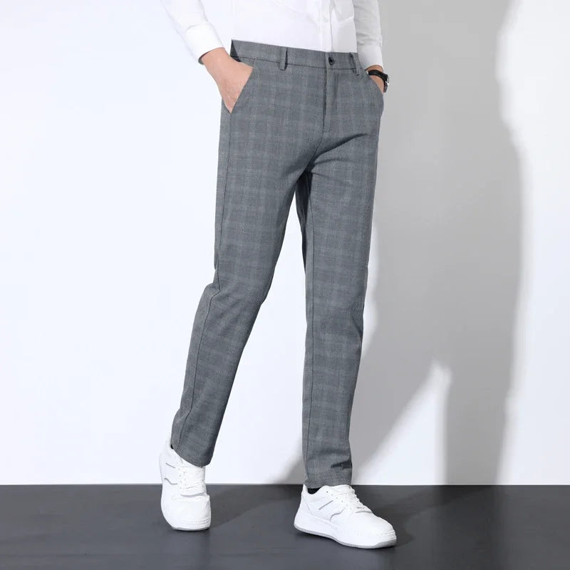 Autumn Winter Men's Plaid Striped Suit Pants Cotton Stretch Straight Business Casual High Quality Classic Fashion Trousers Male