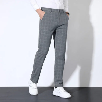 Autumn Winter Men's Plaid Striped Suit Pants Cotton Stretch Straight Business Casual High Quality Classic Fashion Trousers Male