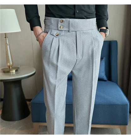 2025 Spring Autumn Men High Waist Belt Design Casual Slim Formal Dress Pant Men Social Office Wedding Party Dress Suit Pants