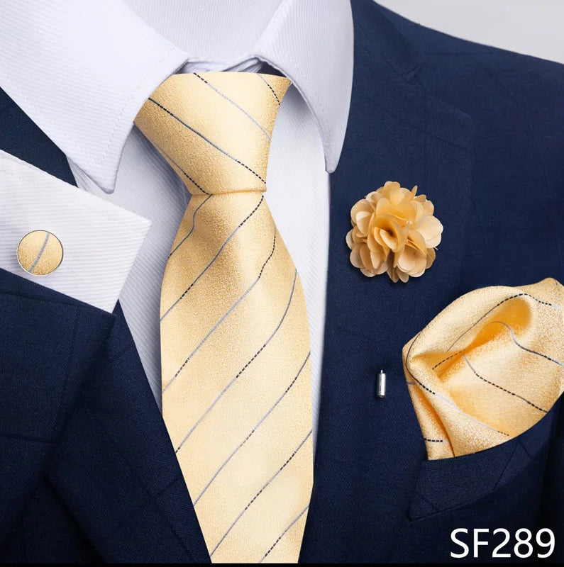 Luxury Men's Floral Tie Set - Black Gold Paisley Necktie with Pocket Square, Cufflinks & Brooch - BOC-WEAR