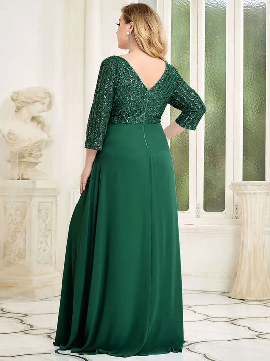 Plus Size Prom Dresses Long Sexy V Neck A-Line Sequin With 3/4 Sleeve 2025 ever pretty of Dark Green Bridesmaid dress Women