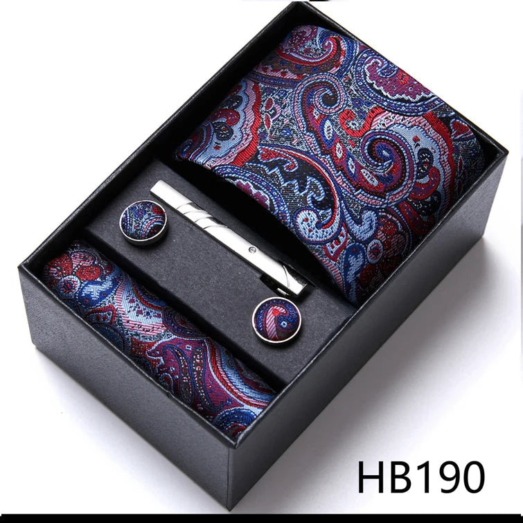 Top Grade Holiday Gift Box 7.5 cm Green Print Tie Pocket Squares Cufflink Set Gravatas Man Suit Accessories Fit Formal Party - BOC-WEAR