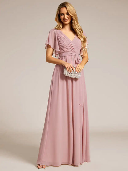 Elegant Evening dresses Deep V Neck Ruffles Sleeves Floor-Length Gown 2025 Ever pretty of Chiffon Dusty Rose Prom Women Dress