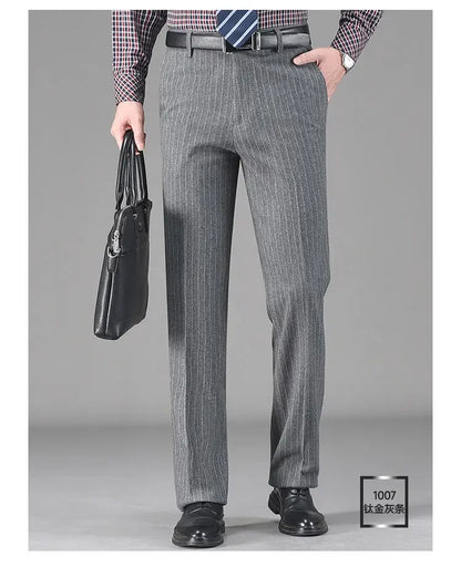 Vintage Autumn Winter Thicken Wool Fleece Suit Pants Men Middle Age High Waist Straight Loose Business Casual Straight Trousers