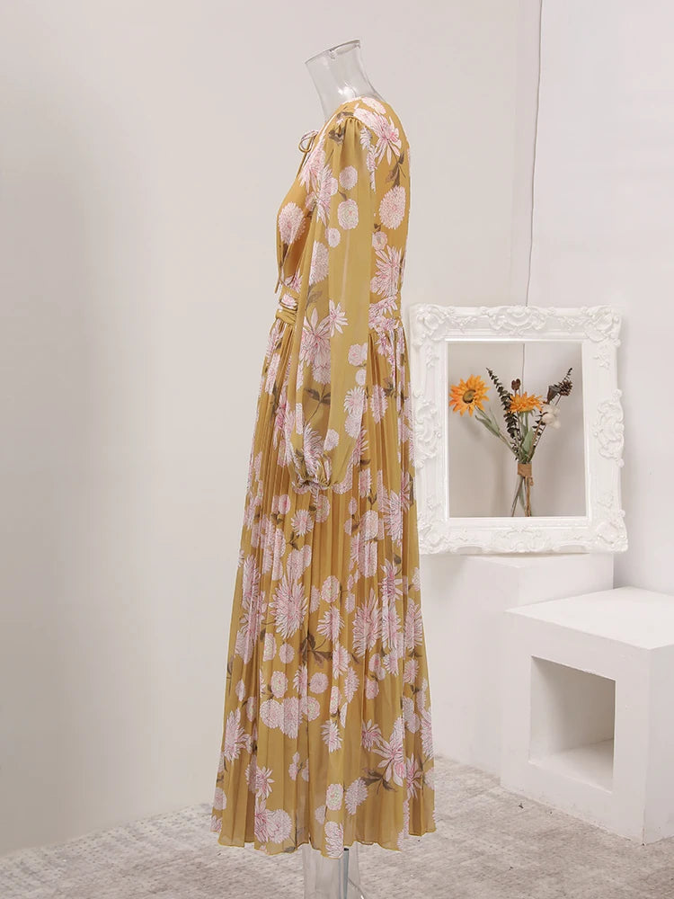 BOC-WEAR LANMREM Pleated Long Dress - Floral Print Lace-Up Dress for Church - BOC-WEAR