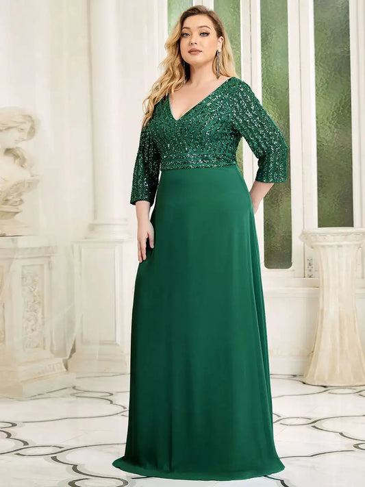 Plus Size Prom Dresses Long Sexy V Neck A-Line Sequin With 3/4 Sleeve 2025 ever pretty of Dark Green Bridesmaid dress Women