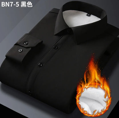 2025 Men's Autumn Winter Long Sleeve Shirts White Warm Fleece Stretch Shirt Formal Business Office Wear Dress Shirts Male M-5XL - BOC-WEAR