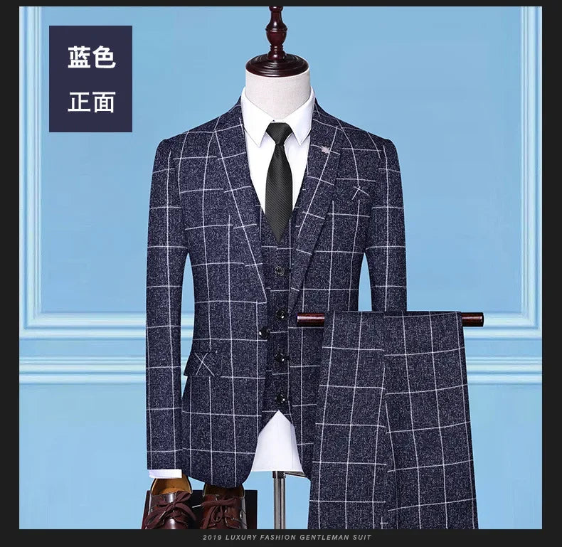 Suit Fashion Business Casual Gentleman Men's Italian Style Elegant Plaid Slim-Fit Formal 3-Piece Suit