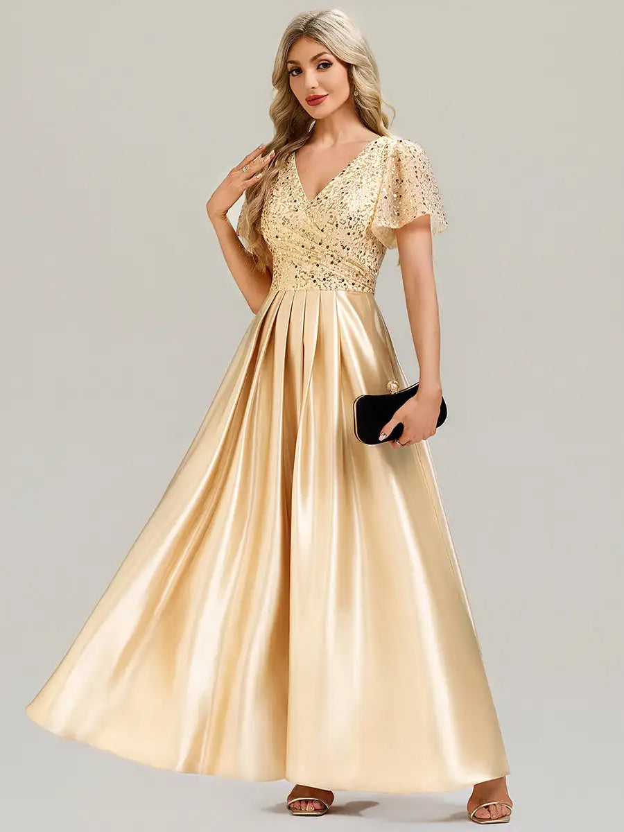 V-Neck Ruffle Applique Evening Dress