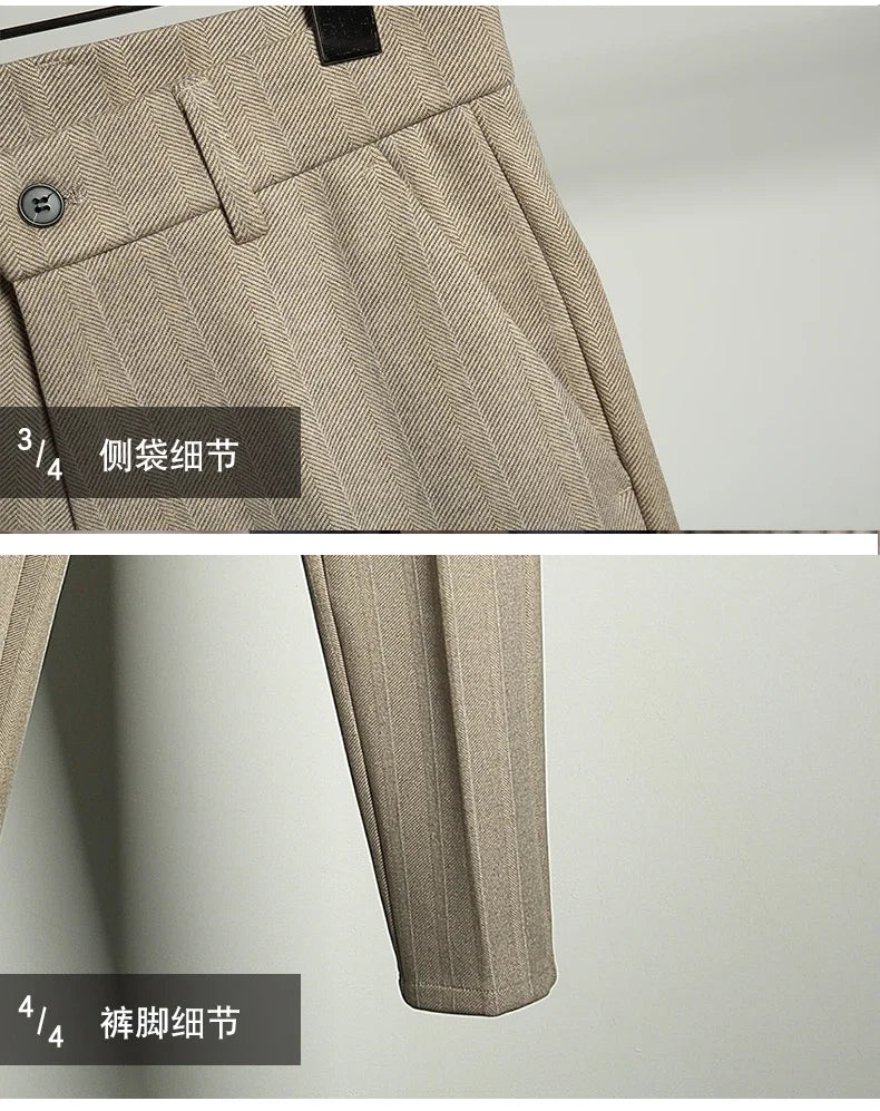 Autumn Winter Thickened Woolen Suit Pant High Quality Men Business Slim Striped Trousers Formal Wear Office Social Dress Pants