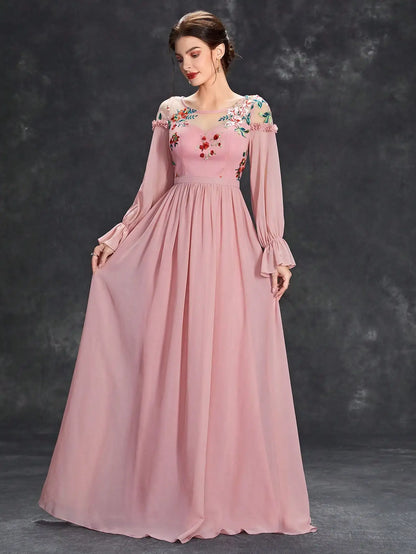 Embroidered Chiffon Long Sleeve Ball Dress