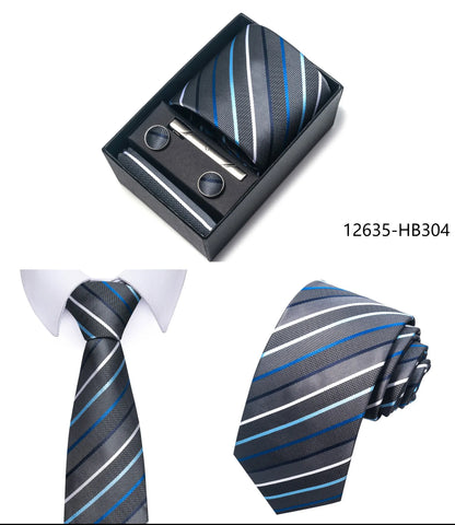 Premium Men's Tie Gift Set - 8cm Silk Necktie with Pocket Square, Cufflinks & Tie Clip - BOC-WEAR