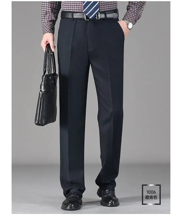 Vintage Autumn Winter Thicken Wool Fleece Suit Pants Men Middle Age High Waist Straight Loose Business Casual Straight Trousers
