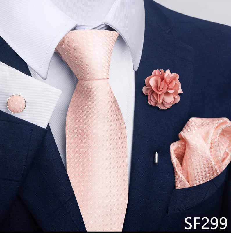 Luxury Men's Floral Tie Set - Black Gold Paisley Necktie with Pocket Square, Cufflinks & Brooch - BOC-WEAR