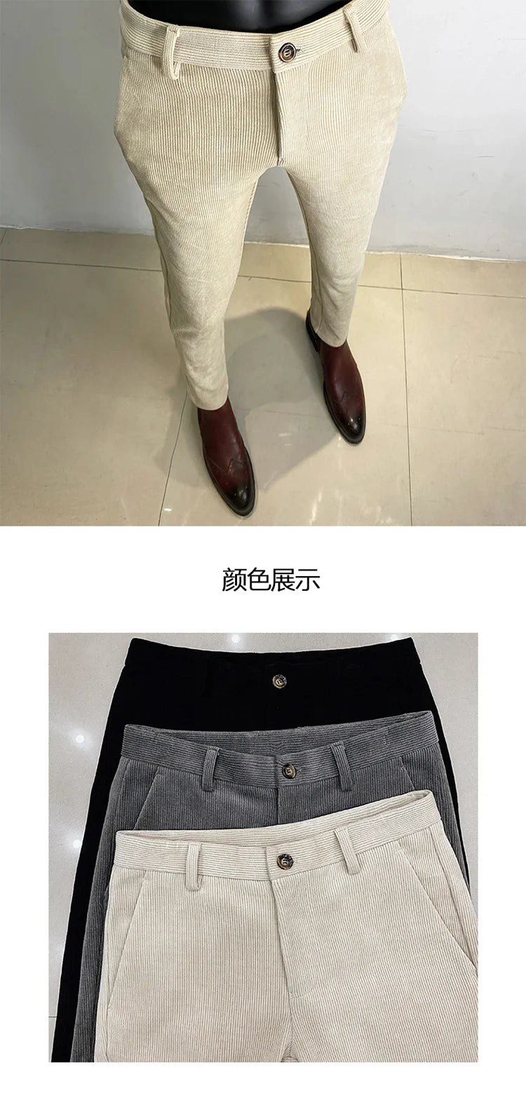 Autumn Winter Thickened Woolen Suit Pant High Quality Men Business Slim Striped Trousers Formal Wear Office Social Dress Pants