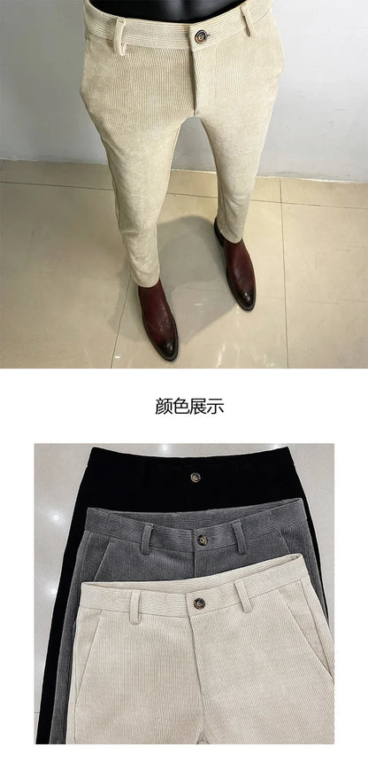 Autumn Winter Thickened Woolen Suit Pant High Quality Men Business Slim Striped Trousers Formal Wear Office Social Dress Pants