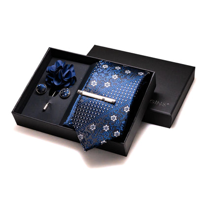 Navy blue Silk Necktie Paisley Floral Mens Tie Pocket Square Cufflinks Set Quality Business Wedding Birthday Gift Box Gravatas - BOC-WEAR