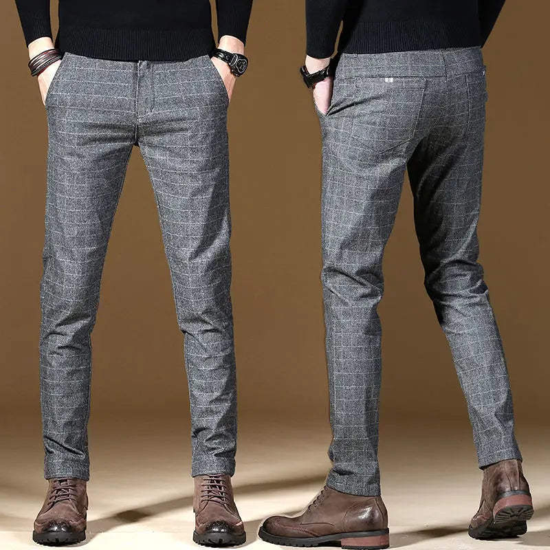 Male Suit Trousers Gray Plaid Check Straight Cheap Clothing Premium Men's Summer Pants Thin Casual Classic Slacks Dress Up
