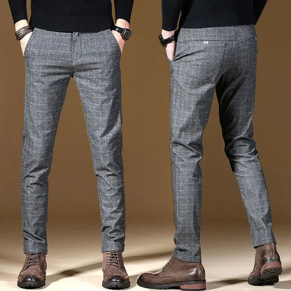 Male Suit Trousers Gray Plaid Check Straight Cheap Clothing Premium Men's Summer Pants Thin Casual Classic Slacks Dress Up
