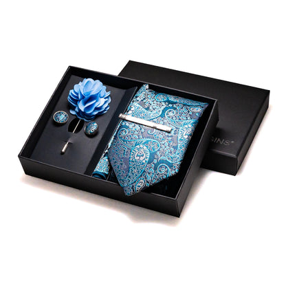 Navy blue Silk Necktie Paisley Floral Mens Tie Pocket Square Cufflinks Set Quality Business Wedding Birthday Gift Box Gravatas - BOC-WEAR