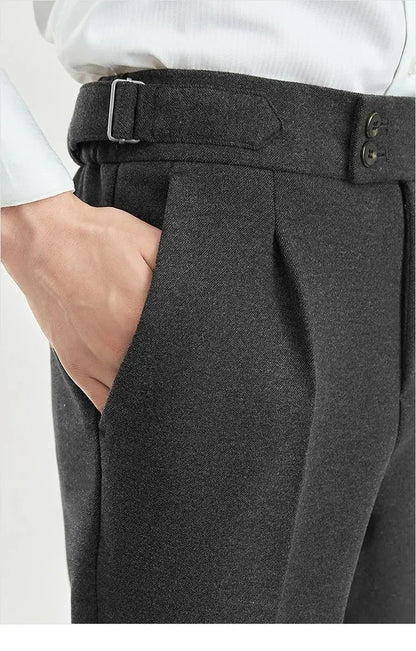 2025 Men's Autumn Winter Fashion High Waist Wool Trousers Male Tweed Casual Pockets Pants Men Long Straight Suit Pants