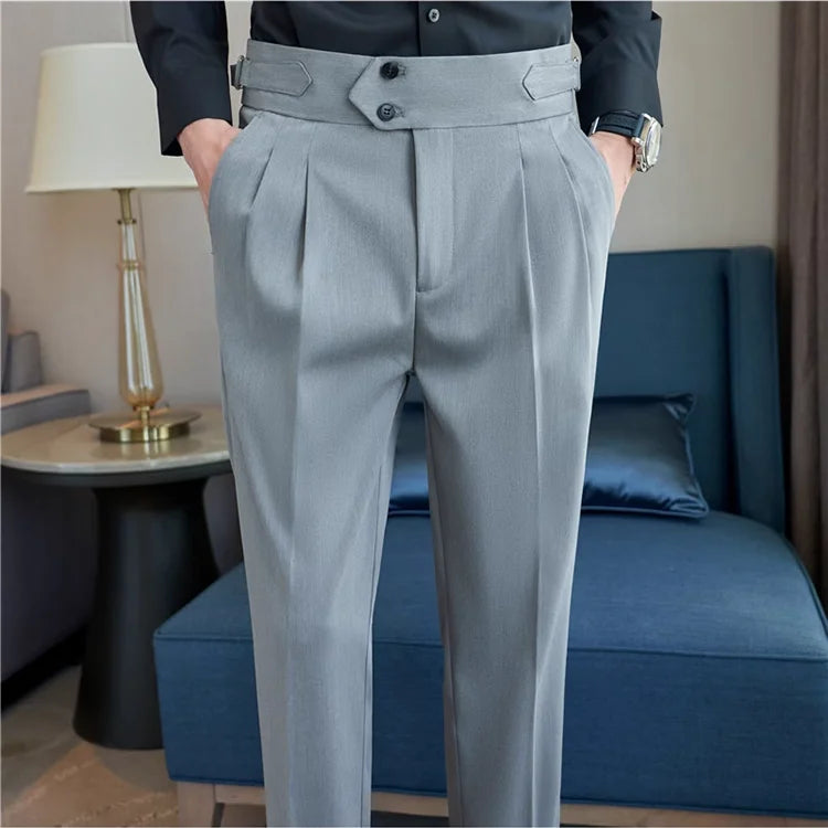 2025 Spring Autumn Men High Waist Belt Design Casual Slim Formal Dress Pant Men Social Office Wedding Party Dress Suit Pants