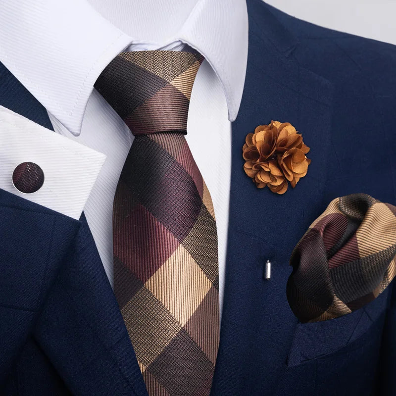 Luxury Men's Floral Tie Set - Black Gold Paisley Necktie with Pocket Square, Cufflinks & Brooch - BOC-WEAR