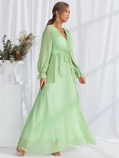 Mgiacy V-neck long sleeve chiffon pleated lace ruffled evening gown Ball dress Party dress Bridesmaid dress