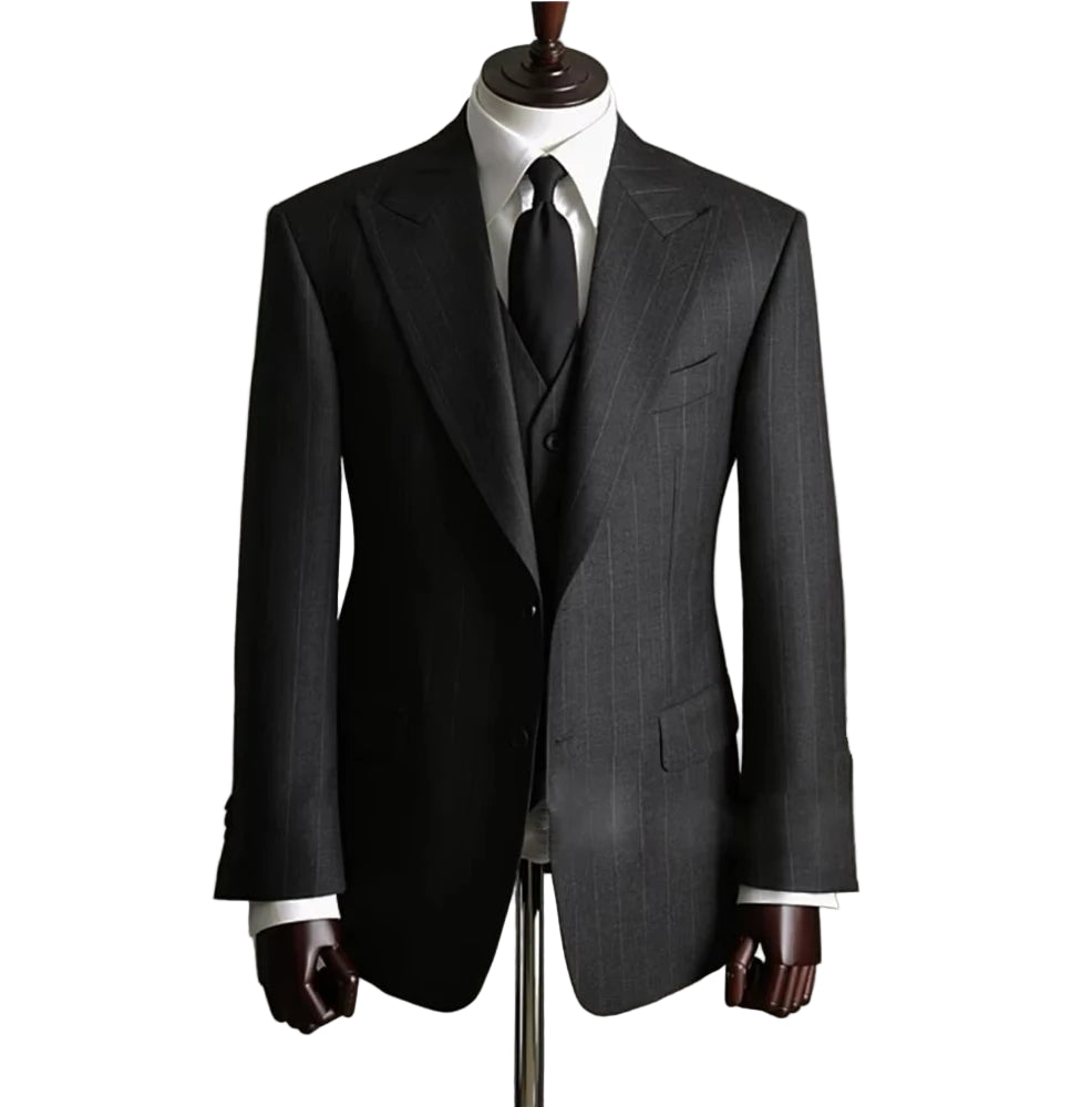 Men's Classic Dark Grey Striped 3-Piece Suit - Formal Business Wedding Groom Suit Set - BOC-WEAR