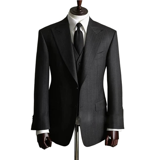 Men's Classic Dark Grey Striped 3-Piece Suit - Formal Business Wedding Groom Suit Set - BOC-WEAR
