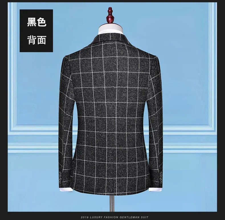 Suit Fashion Business Casual Gentleman Men's Italian Style Elegant Plaid Slim-Fit Formal 3-Piece Suit