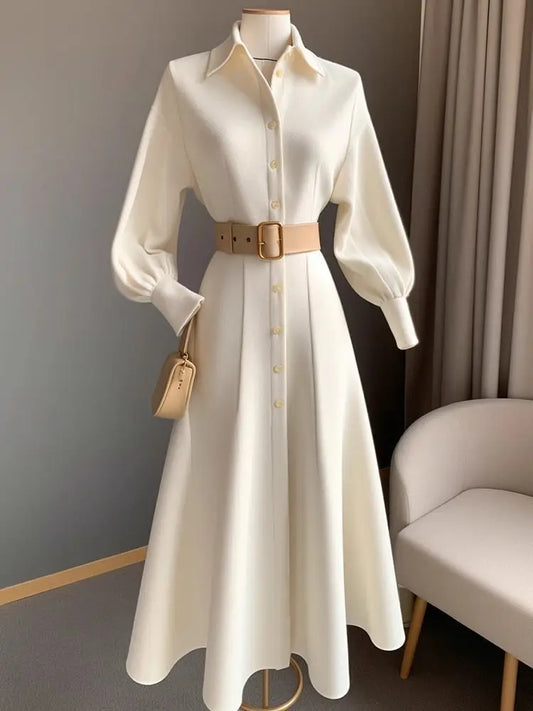 Women's Elegant White Shirt Dress - Korean Style A-Line Waist Cinching Dress for Work & Church - BOC-WEAR