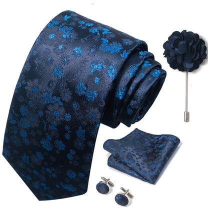Luxury Men's Floral Tie Set - Black Gold Paisley Necktie with Pocket Square, Cufflinks & Brooch - BOC-WEAR