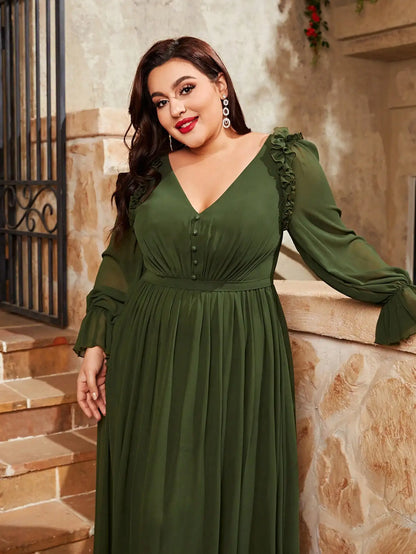 Mgiacy plus size V-neck retraction Lantern sleeve chiffon full skirt Evening gown Ball dress Party dress Bridesmaid dress