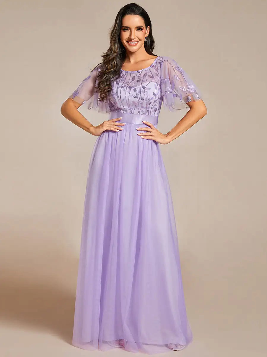 Round Neck Ruffle Sleeve Evening Gown