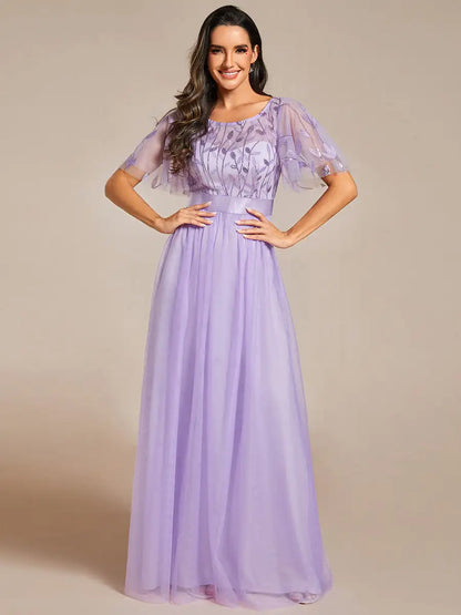 Round Neck Ruffle Sleeve Evening Gown