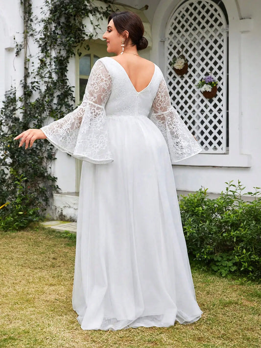 V-neck lotus leaf long-sleeved lace patchwork mesh wedding dress A-line long dress