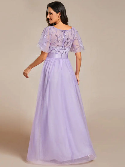 Round Neck Ruffle Sleeve Evening Gown