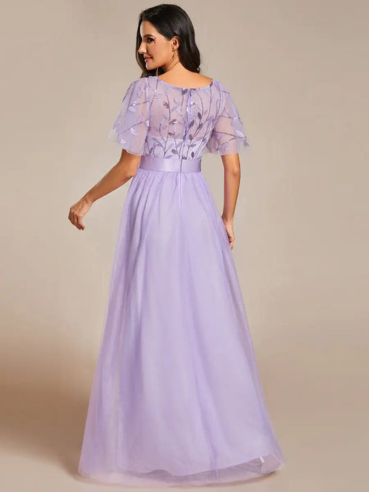 Gorgeous Evening Dresses round neckline ruffle sleeves girdling Floor-Length 2025 Ever Pretty of  Lavender Bridesmaid dress